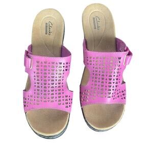 Clarks Hayla Samoa Shoes Womens Size 10 Pink Leather Slide Sandals Comfort